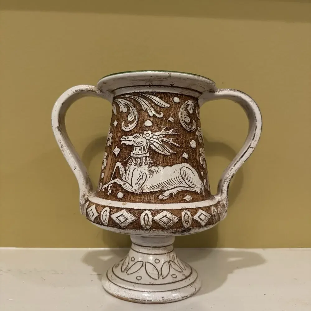 Deruta Italian Pottery Vase La Pinturicchio Sgraffito Handmade Deer Stag Vintage